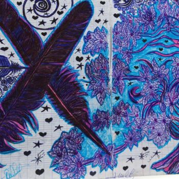 Desenho intitulada "Les plumes indigos" por Leatitia Guille, Obras de arte originais, Caneta de gel