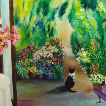 Painting titled "le chat et les 4 ba…" by Thaline 1, Original Artwork, Oil