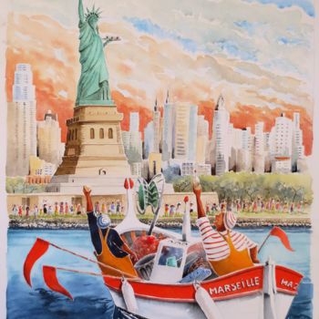 Peinture intitulée "Marseillais à New Y…" par Jean Marie Lecoix, Œuvre d'art originale, Aquarelle