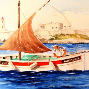 Painting titled "Pêcheur devant le C…" by Jean Marie Lecoix, Original Artwork, Watercolor