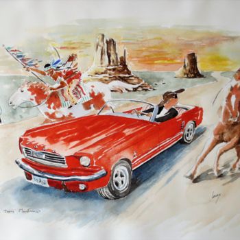 Картина под названием "Trois Mustang" - Jean Marie Lecoix, Подлинное произведение искусства, Акварель