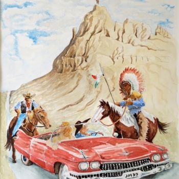 Schilderij getiteld "En Cadillac" door Jean Marie Lecoix, Origineel Kunstwerk, Aquarel