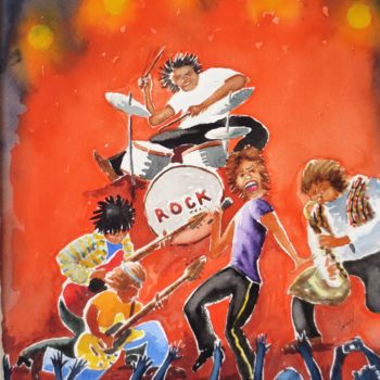 Painting titled "Orchestre Rock" by Jean Marie Lecoix, Original Artwork, Watercolor