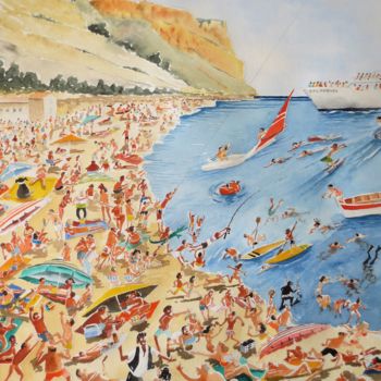 Painting titled "Cassis , la plage" by Jean Marie Lecoix, Original Artwork, Watercolor