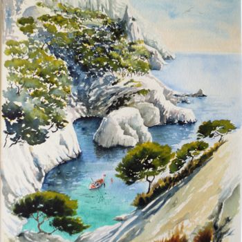 Painting titled "Pêcheur d'oursins à…" by Jean Marie Lecoix, Original Artwork, Watercolor