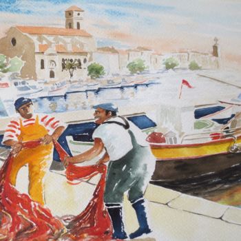 Peinture intitulée "Pêcheurs à La Ciotat" par Jean Marie Lecoix, Œuvre d'art originale, Aquarelle