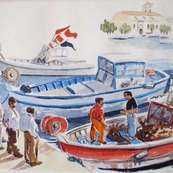 Картина под названием "Retour de pêche à L…" - Jean Marie Lecoix, Подлинное произведение искусства, Акварель