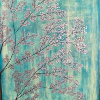 Painting titled "Verde sakura" by Le Crau, Original Artwork, Oil Mounted on Wood Stretcher frame