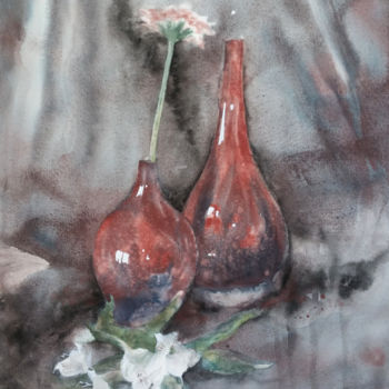 Painting titled "Vase rouge" by Christelle Lecuret, Original Artwork, Watercolor