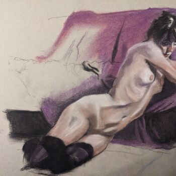 Desenho intitulada "Reclining nude" por Lee Davison, Obras de arte originais, Pastel