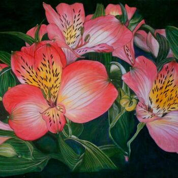 「Peruvian Lily.jpg」というタイトルの絵画 Lee Ngangaによって, オリジナルのアートワーク, オイル ウッドストレッチャーフレームにマウント