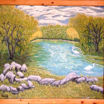 Картина под названием "Blue-Swamp.jpg" - Lee Nganga, Подлинное произведение искусства, Масло Установлен на Деревянная рама д…