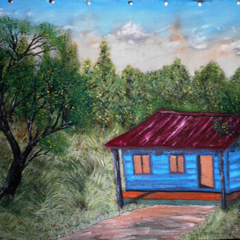 Painting titled "FOREST CABIN.jpg" by Lee Nganga, Original Artwork, Oil Mounted on Wood Stretcher frame