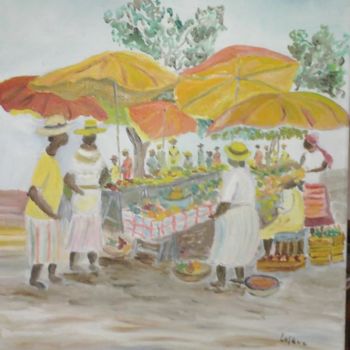 Malerei mit dem Titel "Marché en Guadeloupe" von Jean Claude Lefeve, Original-Kunstwerk, Öl