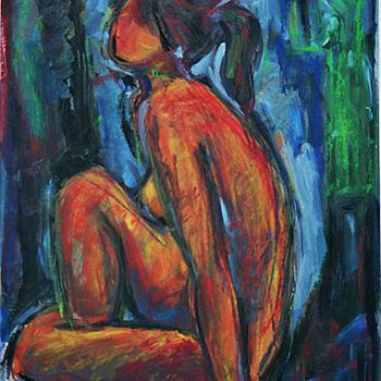 Painting titled "Nu assis sur fond b…" by Lefolhub, Original Artwork, Oil