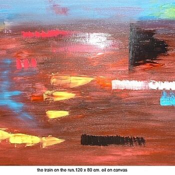 Painting titled "the train on the run" by Left Hand Georges, Original Artwork