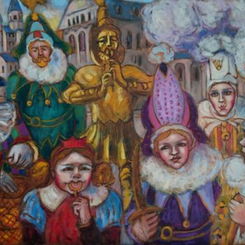 Malerei mit dem Titel "Carnaval à Nivelles" von Edith Gorren, Original-Kunstwerk, Öl