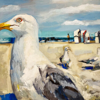 Schilderij getiteld "Strand, Möwe, Augen…" door Tius, Origineel Kunstwerk, Olie