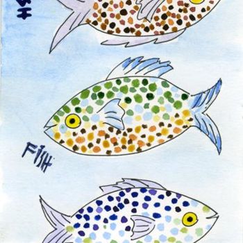 Картина под названием "Three happy fishes" - Lelia Sorokina, Подлинное произведение искусства, Другой
