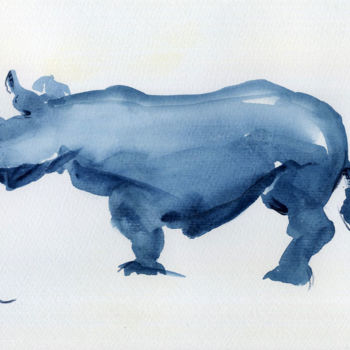 Painting titled "Blue Rhino" by Lelia Sorokina, Original Artwork