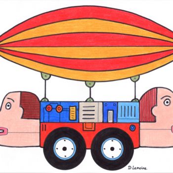 Dibujo titulada "Singulier véhicule" por Dominique Lemoine, Obra de arte original, Lápiz