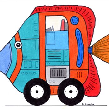 Dessin intitulée "Singulier véhicule" par Dominique Lemoine, Œuvre d'art originale, Crayon