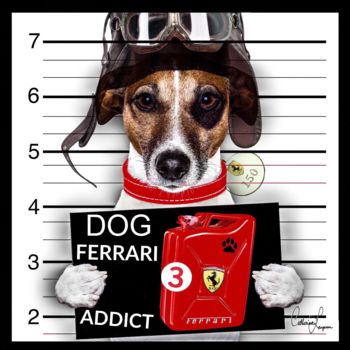 Arte digitale intitolato "dog addict. Ferrari" da Catherine Lempereur, Opera d'arte originale, Fotomontaggio