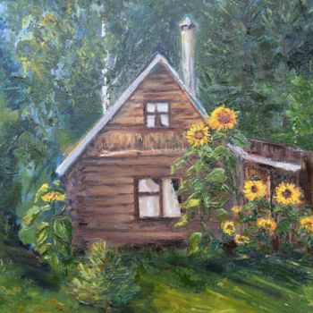 Painting titled "House from childhoo…" by Elena Berezhnaya Be Lena, Original Artwork, Oil Mounted on Cardboard