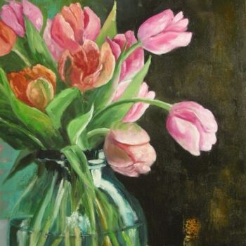 Painting titled "tulipes roses" by Lena Bregeon, Original Artwork, Oil