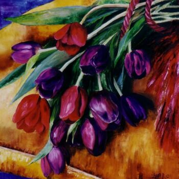 Peinture intitulée "tulipes sur chaise…" par Lena Bregeon, Œuvre d'art originale, Huile
