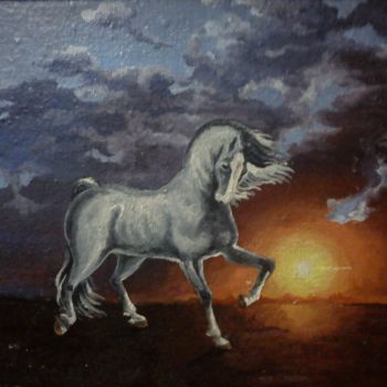 Pintura titulada "Лошадь на фоне зака…" por Elena Krutykh, Obra de arte original, Oleo