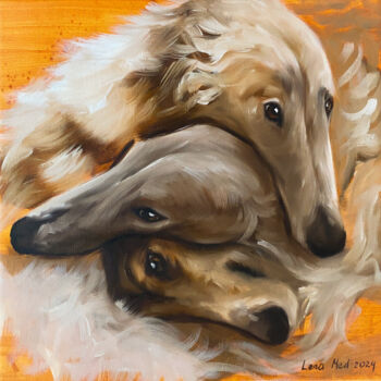Painting titled "Three borzoi" by Lena Med, Original Artwork, Oil Mounted on Wood Panel