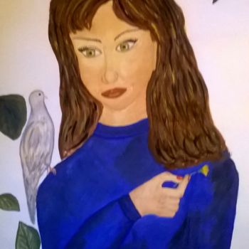 「девушка и голубь」というタイトルの絵画 Светлана Мревлишвилиによって, オリジナルのアートワーク, グワッシュ水彩画