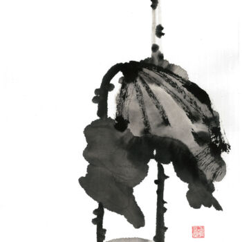 Dessin intitulée "Lotus in vase" par Lena Oma, Œuvre d'art originale, Encre