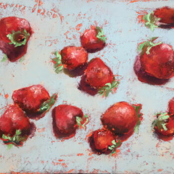 Drawing titled "Strawberries on blue" by Lena Ru, Original Artwork, Pastel