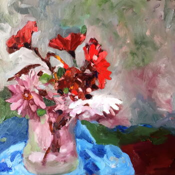 Painting titled "Garden Flowers Oil…" by Lena Ru, Original Artwork, Oil