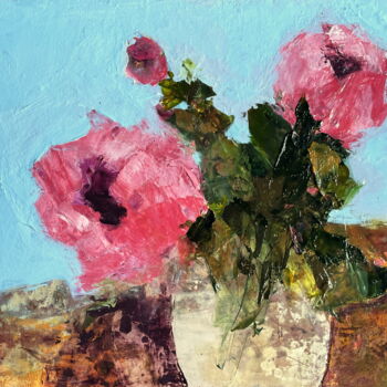 Ζωγραφική με τίτλο "Pink Flowers On Blu…" από Lena Ru, Αυθεντικά έργα τέχνης, Ακρυλικό