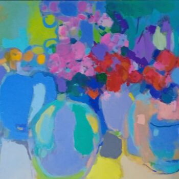 Painting titled "Glass Vases with Fl…" by Elena Shraibman, Original Artwork, Oil Mounted on Wood Stretcher frame