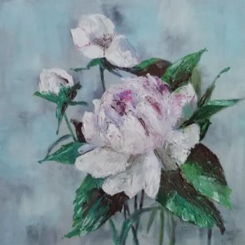 Painting titled "Peonies" by Elena Soloveva, Original Artwork, Oil Mounted on Wood Stretcher frame