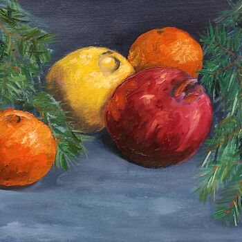 Painting titled "Winters fruits" by Elena Soloveva, Original Artwork, Oil Mounted on Wood Panel