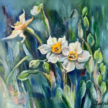 Painting titled "NARCISSI" by Lena Zoria, Original Artwork, Oil Mounted on Wood Stretcher frame