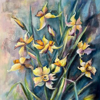 Painting titled "NARCISSI II" by Lena Zoria, Original Artwork, Oil Mounted on Wood Stretcher frame