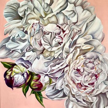 Painting titled "PEONIES" by Lena Zoria, Original Artwork, Oil Mounted on Wood Stretcher frame