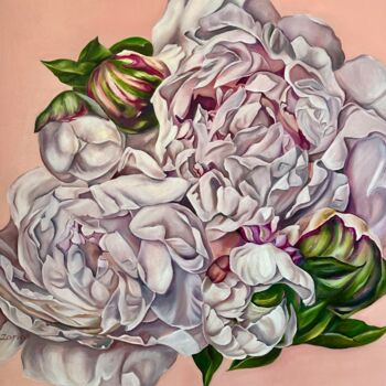 Painting titled "PEONIES II" by Lena Zoria, Original Artwork, Oil Mounted on Wood Stretcher frame