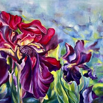Painting titled "Irises II" by Lena Zoria, Original Artwork, Oil Mounted on Wood Stretcher frame