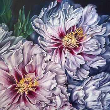 Painting titled "PEONIES IN THE NIGHT" by Lena Zoria, Original Artwork, Oil