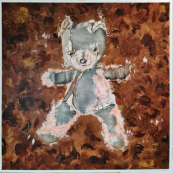 Painting titled "Teddy bear 🧸" by Lena Applebaum, Original Artwork, Oil Mounted on Wood Stretcher frame