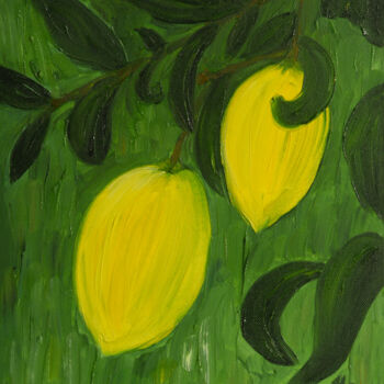Painting titled "Lemons on a lemon t…" by Helen Dan, Original Artwork, Oil Mounted on Wood Stretcher frame