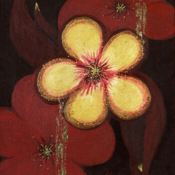 Schilderij getiteld "Gold and red flower…" door Helen Dan, Origineel Kunstwerk, Acryl Gemonteerd op Frame voor houten branca…