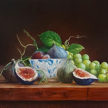 Painting titled "Figs on a wooden ta…" by Lenard Kocsis, Original Artwork, Oil